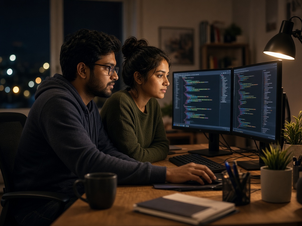 Engineers working at two monitors
