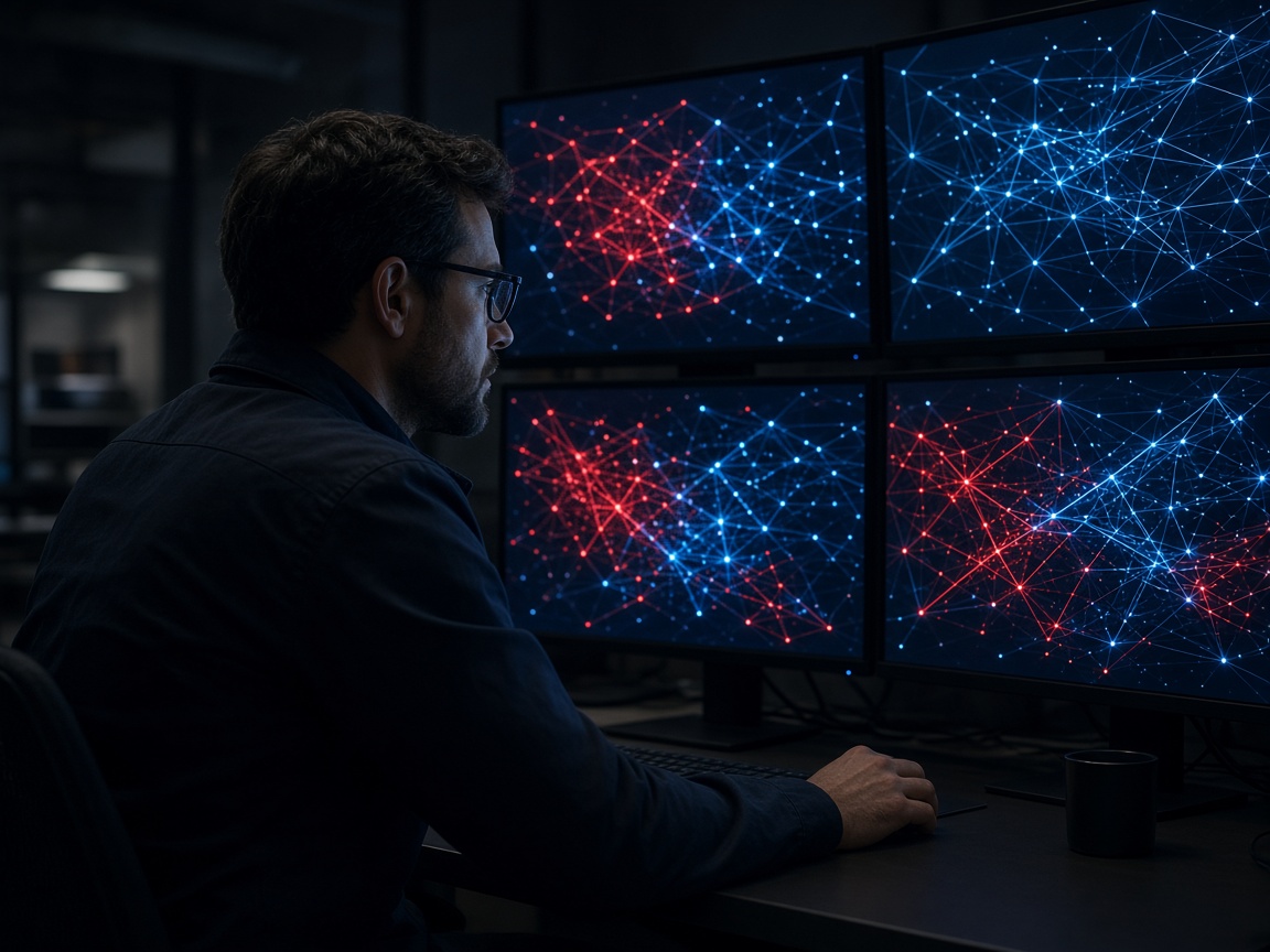 A security engineer at a wall of screens