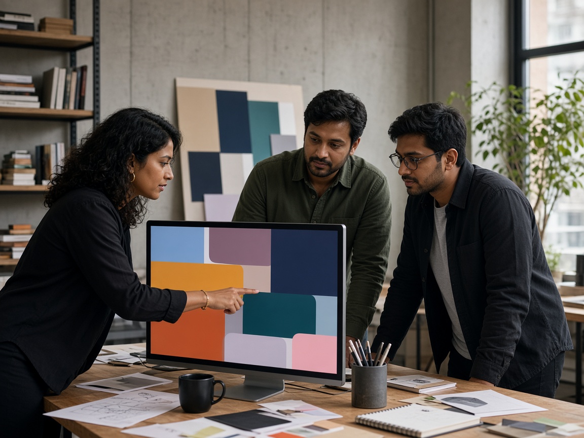 A team reviewing a product on screen
